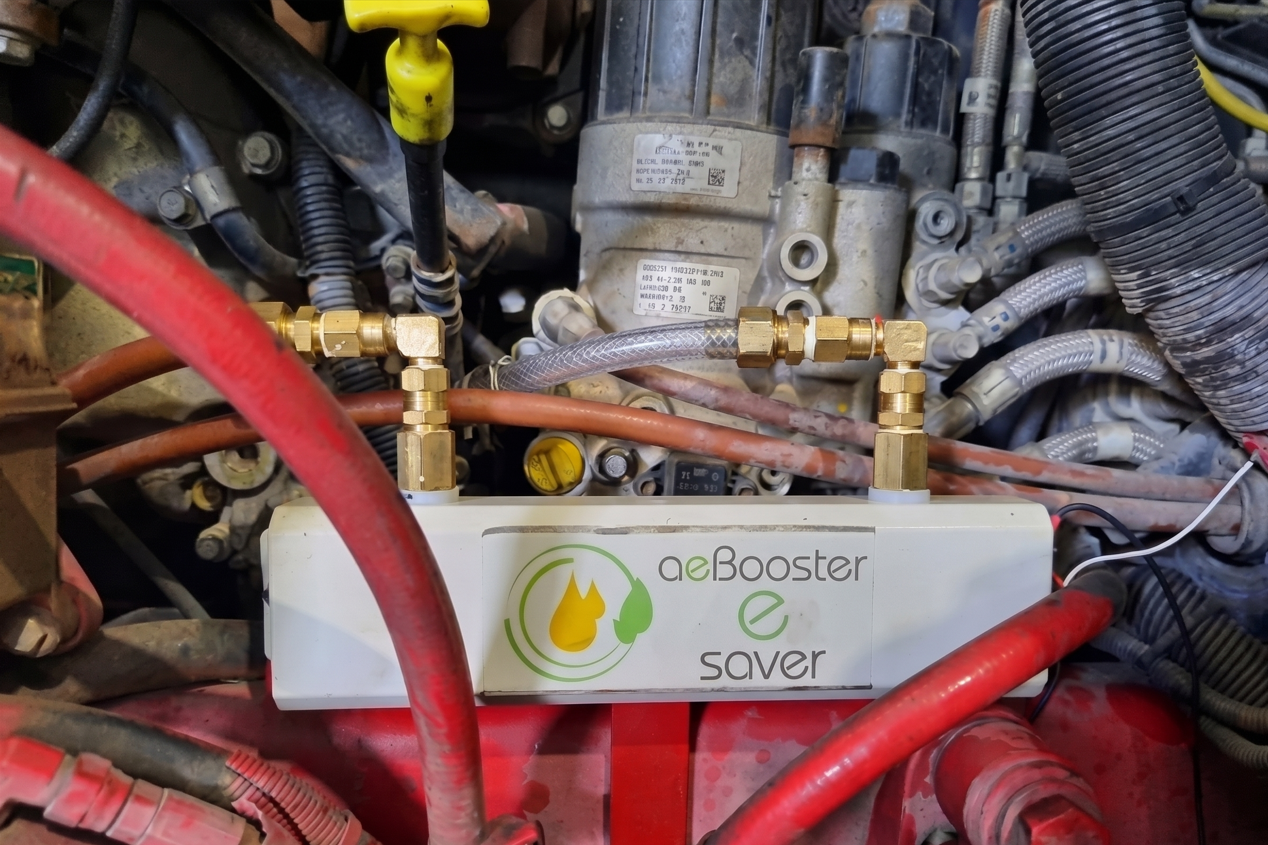 The aeBooster eSaver fitted inline on the fuel system of a MAN truck-mixer